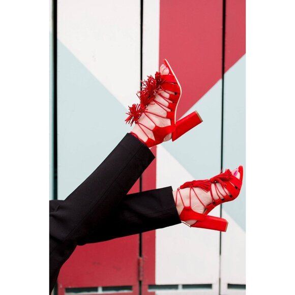 LOEFFLER RANDALL Luz Red Suede Leather Lace-Up Tassel Tie Block Heels, Size 10 - Picture 15 of 16